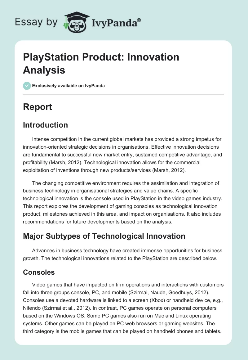 PlayStation Product: Innovation Analysis. Page 1