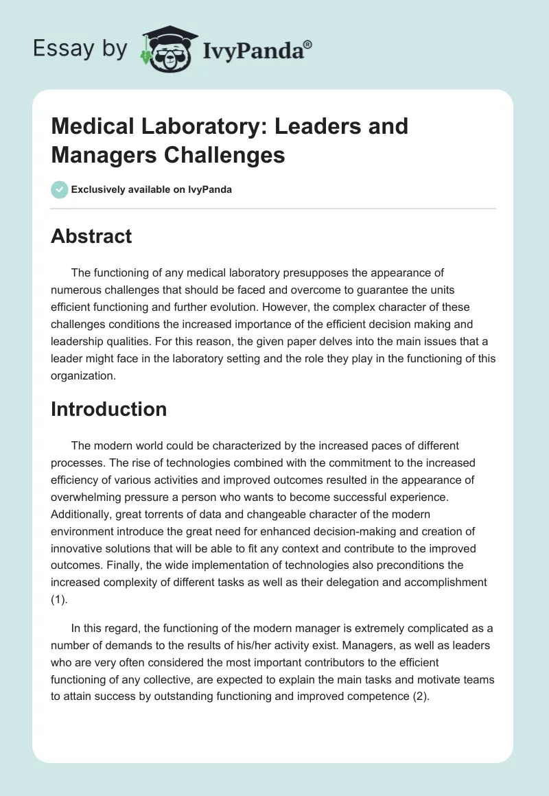Medical Laboratory: Leaders and Managers Challenges. Page 1