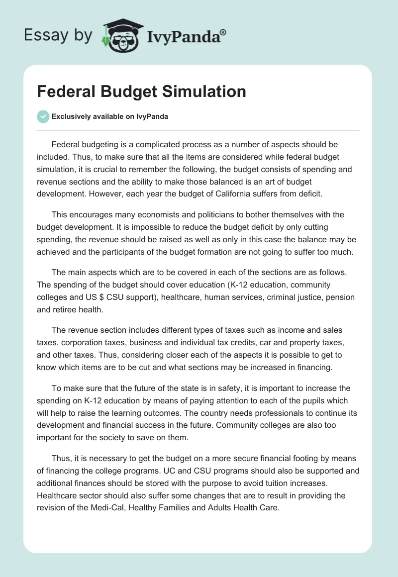 Federal Budget Simulation. Page 1
