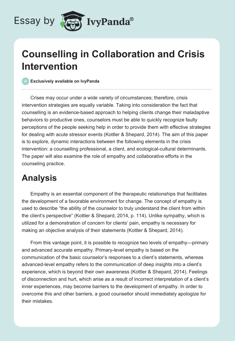 Counselling in Collaboration and Crisis Intervention. Page 1