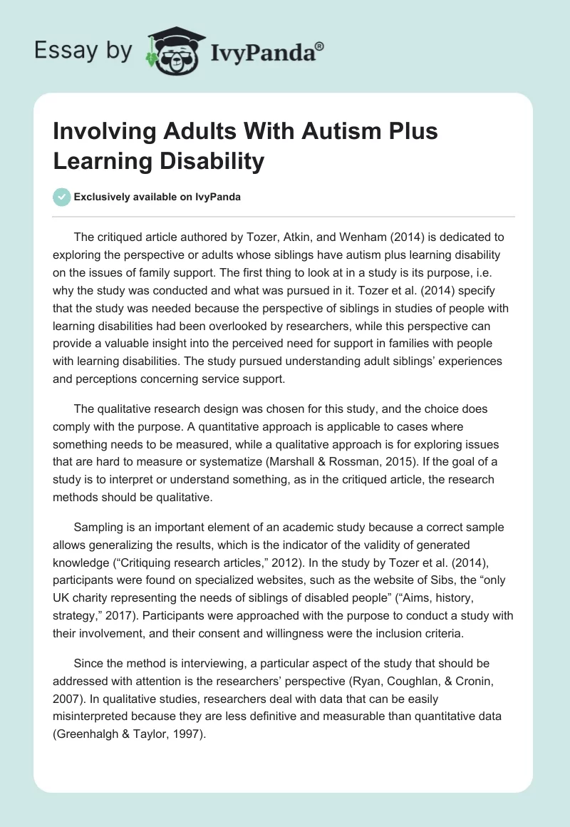 Involving Adults With Autism Plus Learning Disability. Page 1