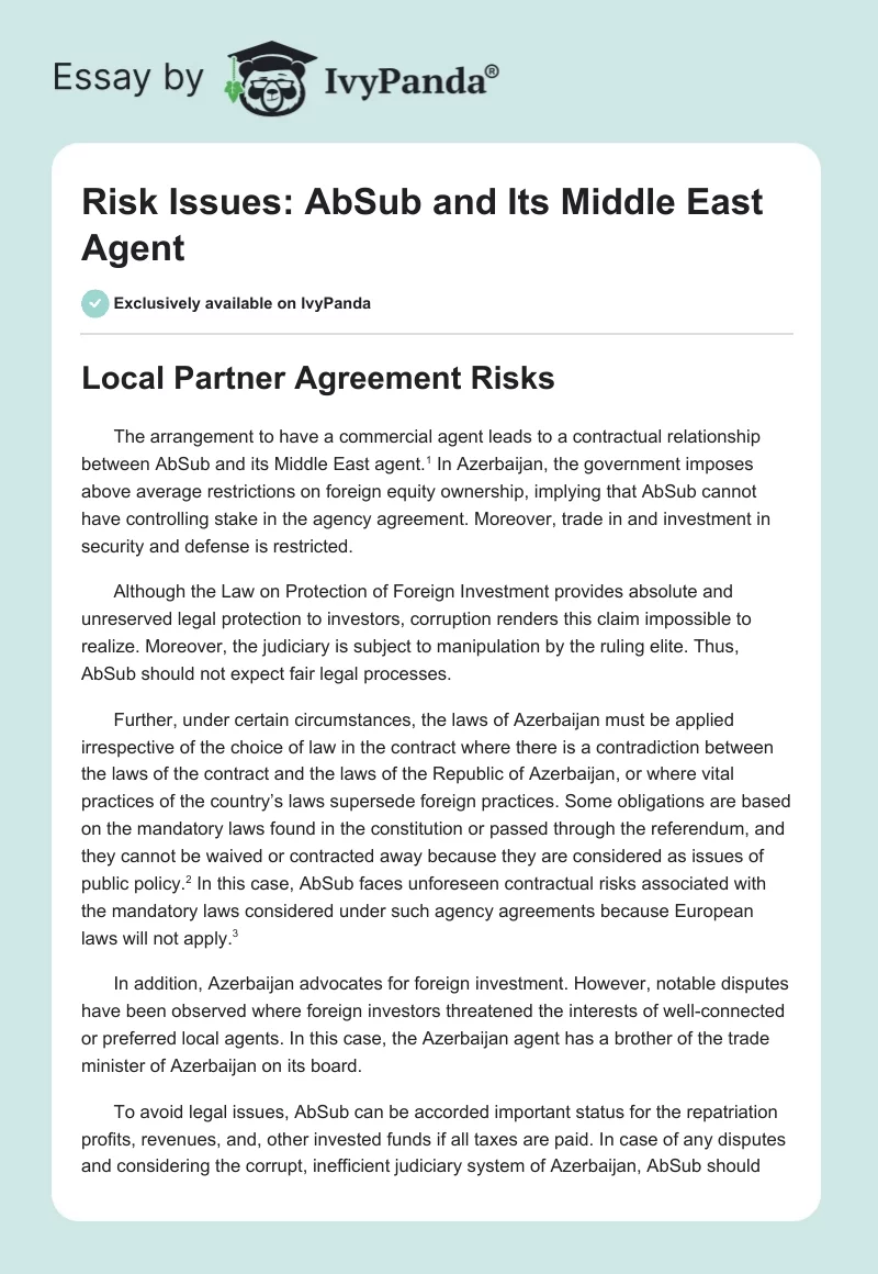 Risk Issues: AbSub and Its "Middle East" Agent. Page 1