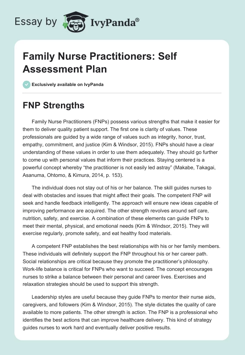 Family Nurse Practitioners: Self Assessment Plan. Page 1