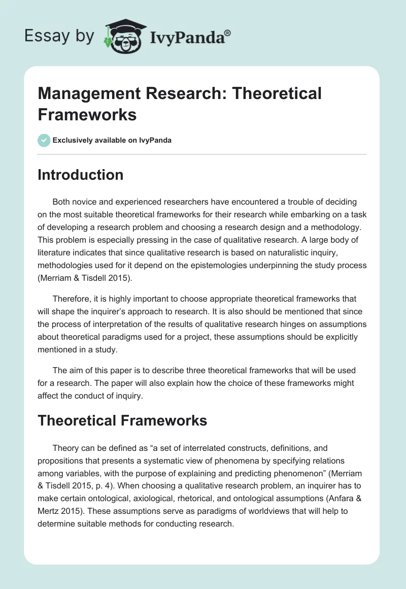 Management Research: Theoretical Frameworks. Page 1