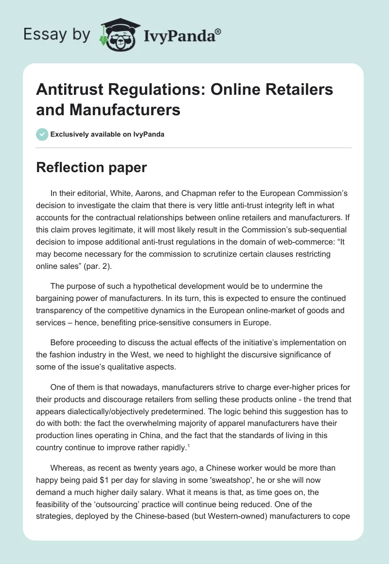 Antitrust Regulations: Online Retailers and Manufacturers. Page 1
