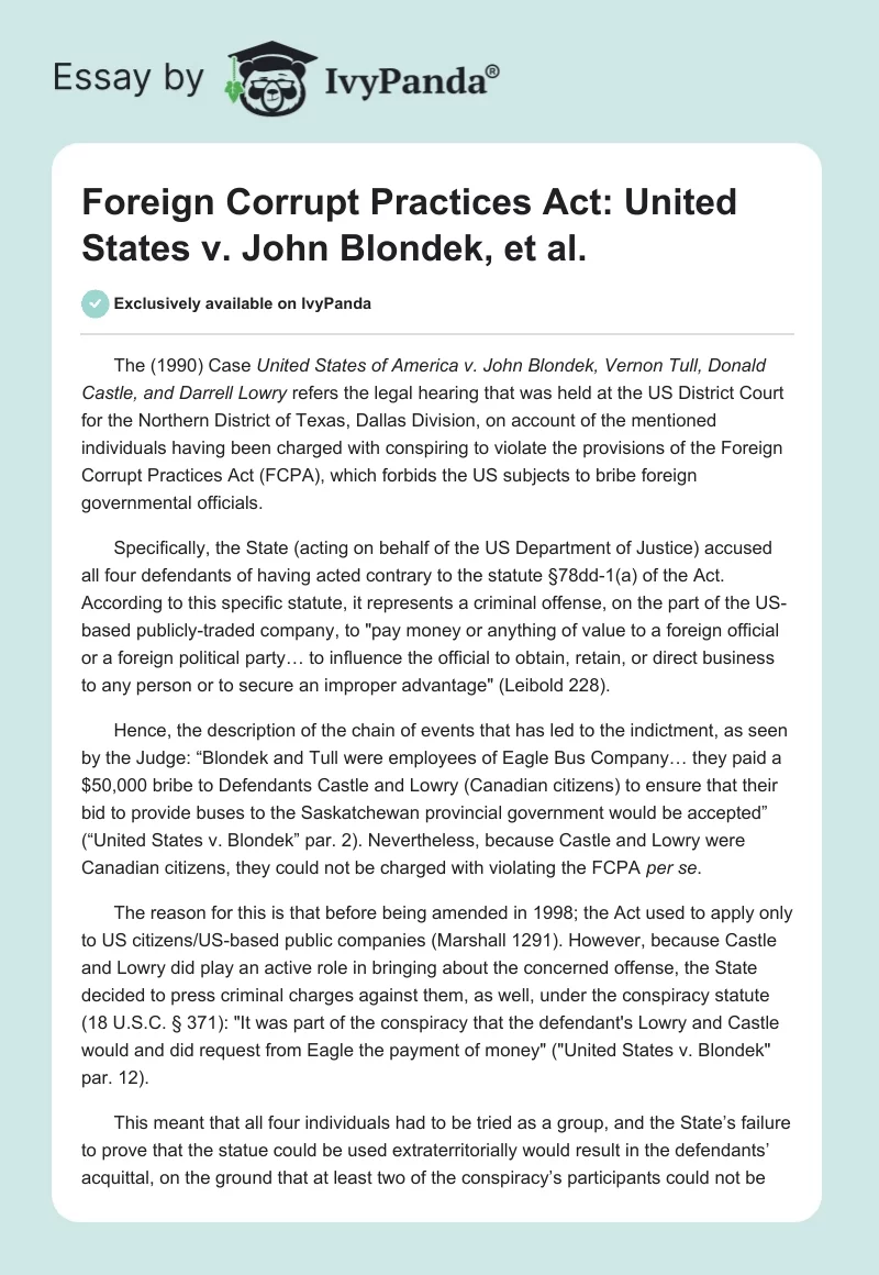 Foreign Corrupt Practices Act: United States vs. John Blondek, et al.. Page 1