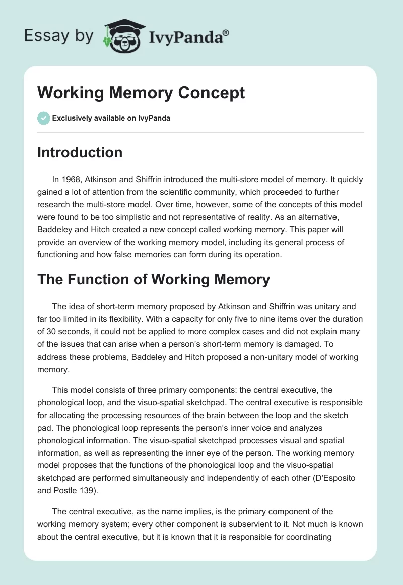 Working Memory Concept. Page 1