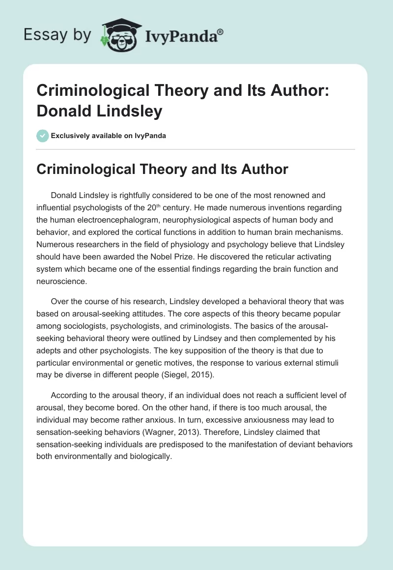 Criminological Theory and Its Author: Donald Lindsley. Page 1