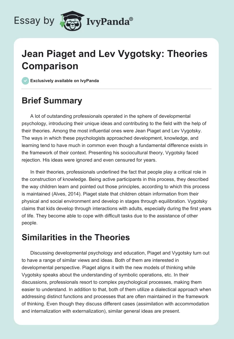 Jean Piaget and Lev Vygotsky: Theories Comparison. Page 1
