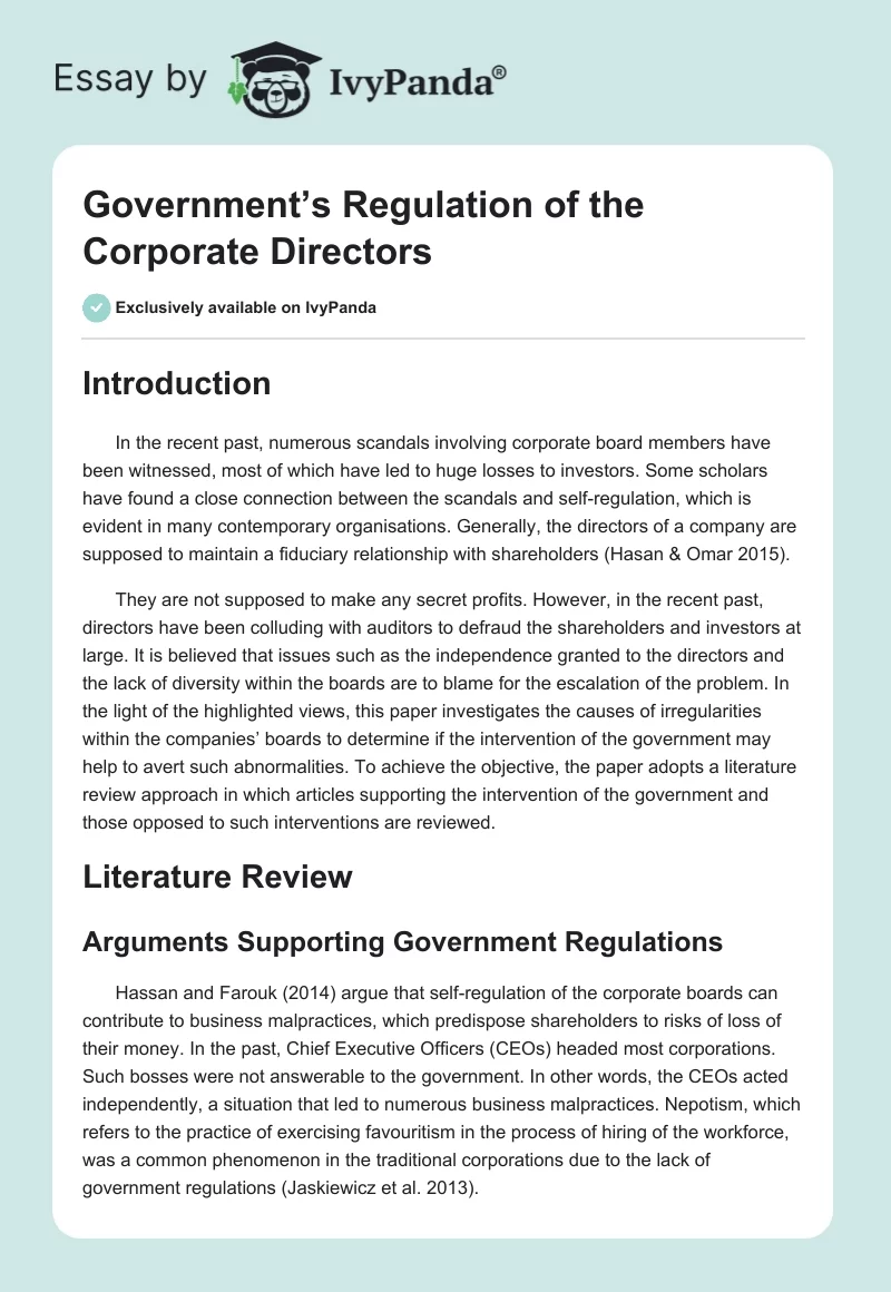 Government’s Regulation of the Corporate Directors. Page 1