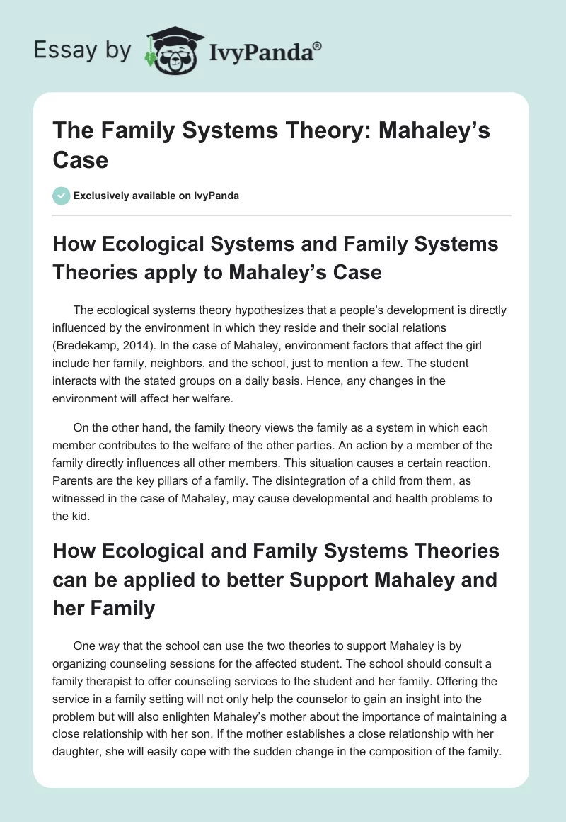 The Family Systems Theory: Mahaley’s Case. Page 1
