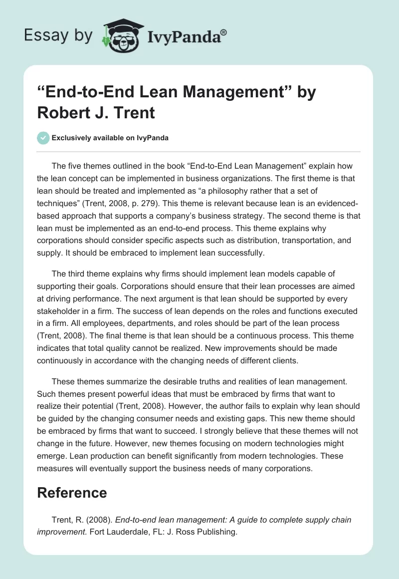 “End-to-End Lean Management” by Robert J. Trent. Page 1