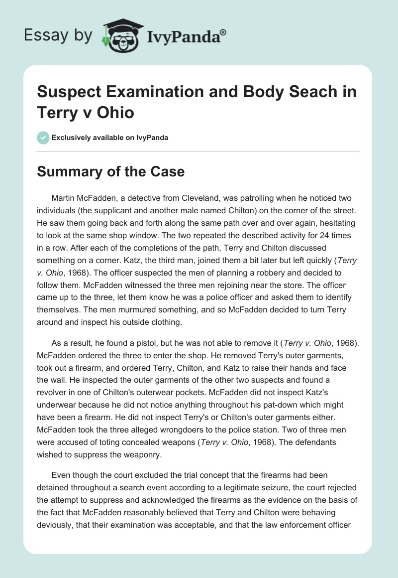 Suspect Examination and Body Seach in Terry v Ohio. Page 1