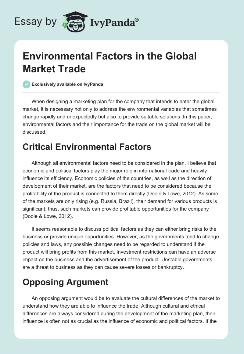 Environmental Factors in the Global Market Trade. Page 1