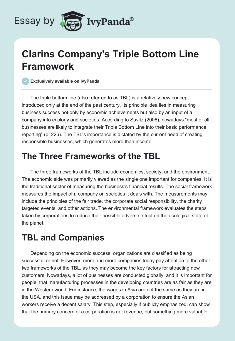 Clarins Company's Triple Bottom Line Framework. Page 1