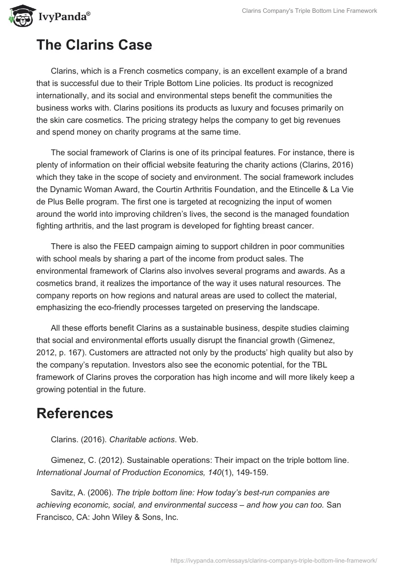 Clarins Company's Triple Bottom Line Framework. Page 2