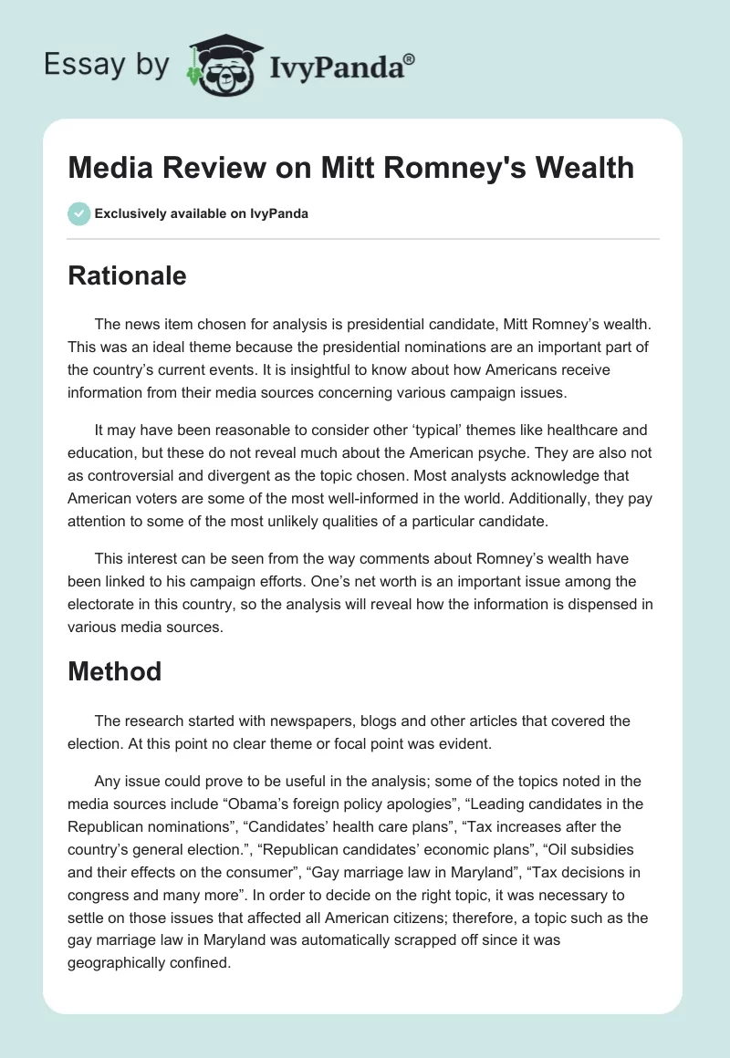 Media Review on Mitt Romney's Wealth. Page 1