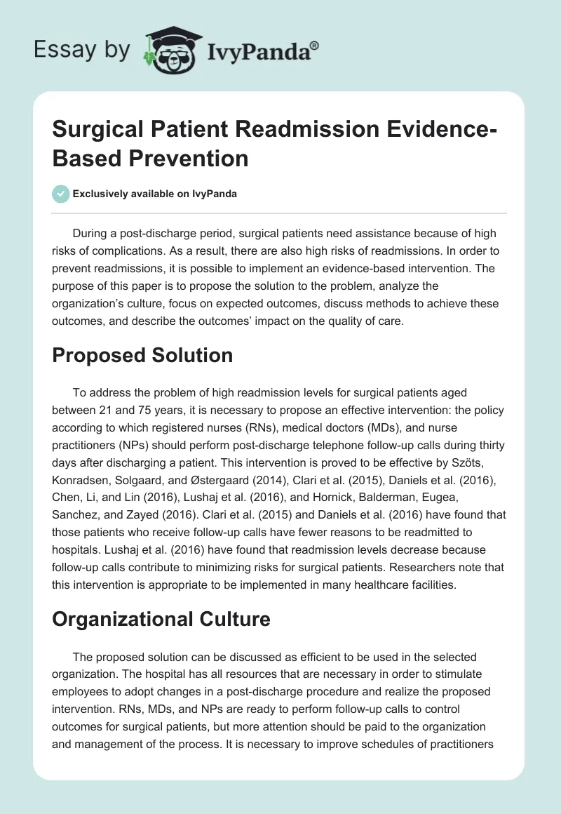 Surgical Patient Readmission Evidence-Based Prevention. Page 1