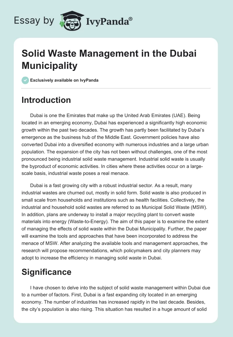 Solid Waste Management in the Dubai Municipality. Page 1