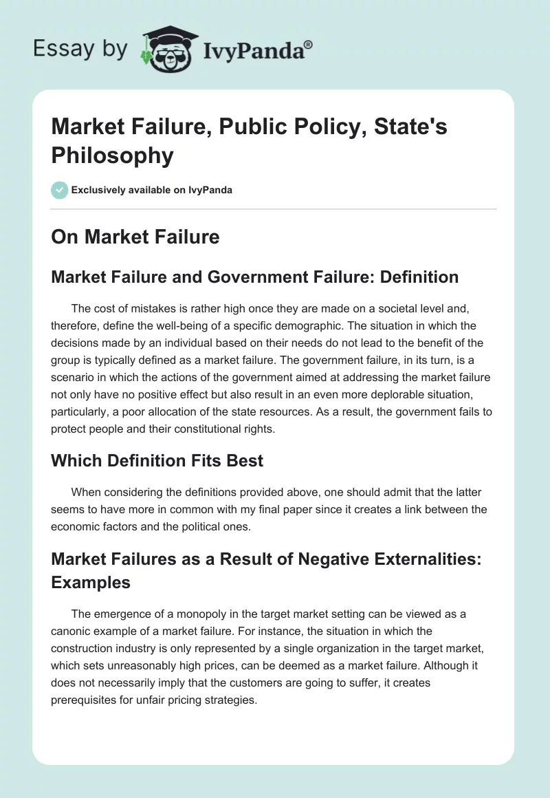 Market Failure, Public Policy, State's Philosophy. Page 1