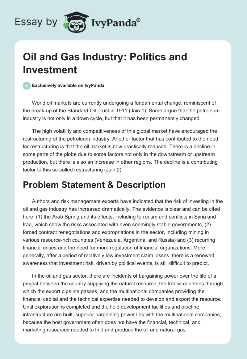 Oil and Gas Industry: Politics and Investment. Page 1