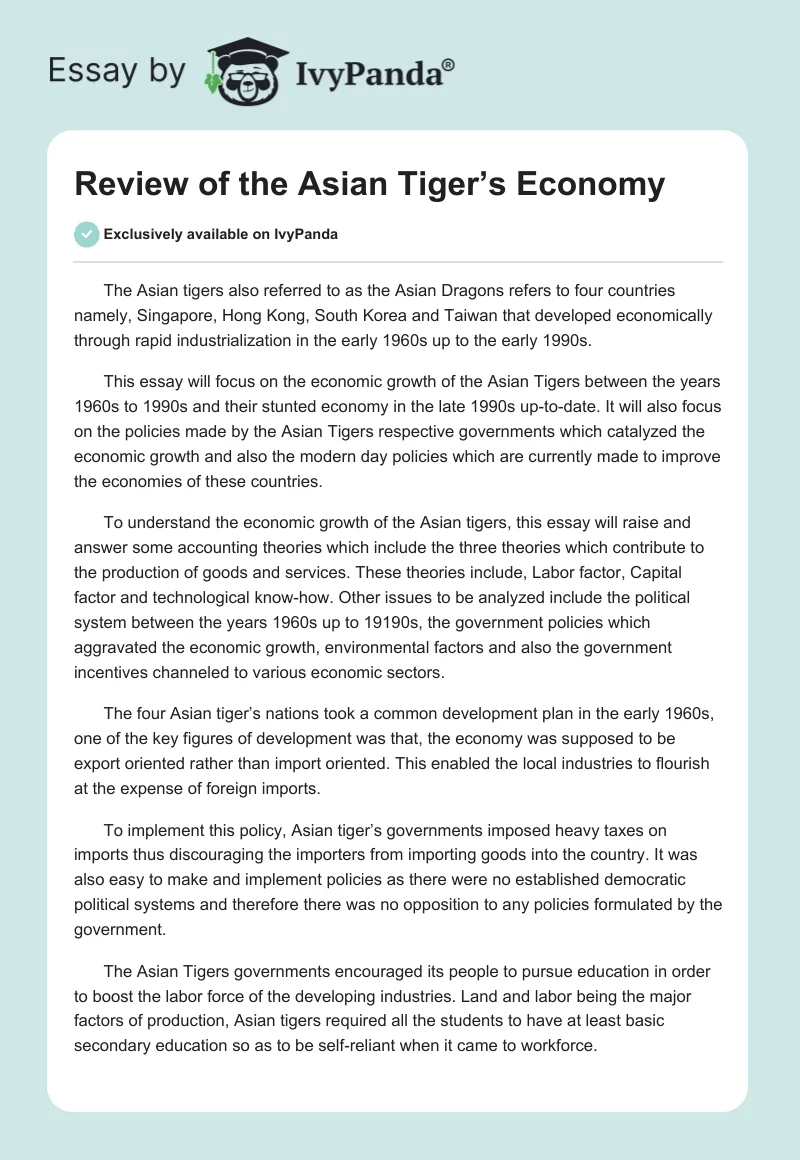 Review of the Asian Tiger’s Economy. Page 1