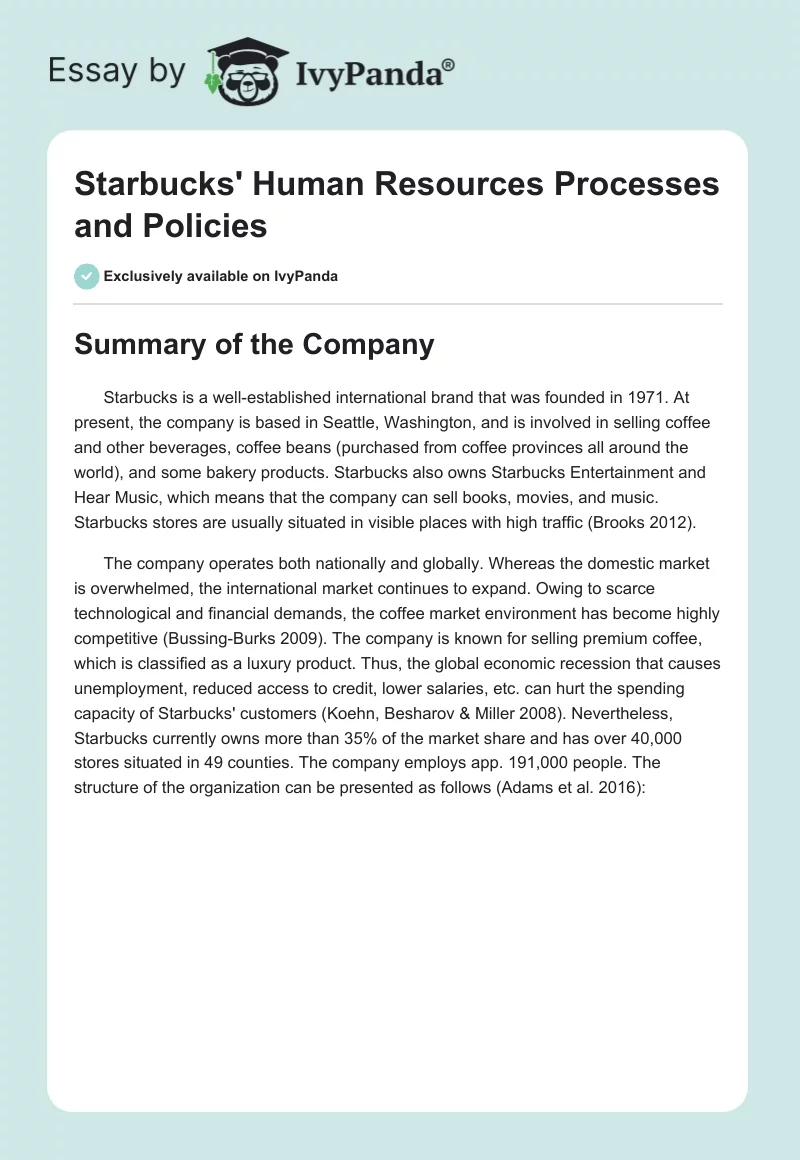 Starbucks' Human Resources Processes and Policies. Page 1