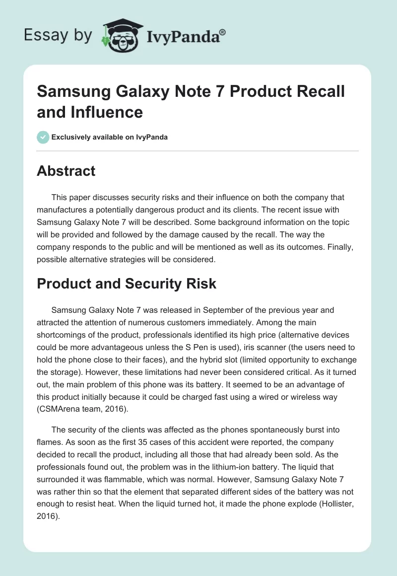 Samsung Galaxy Note 7 Product Recall and Influence. Page 1