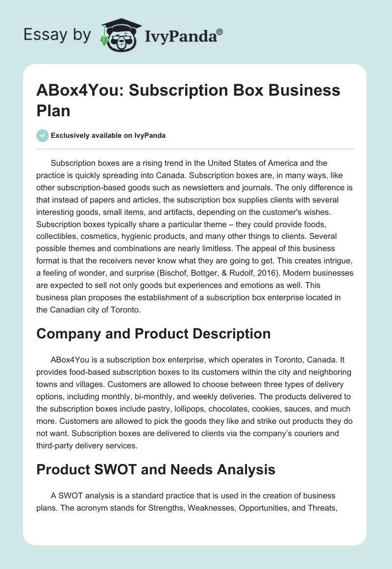 ABox4You: Subscription Box Business Plan. Page 1
