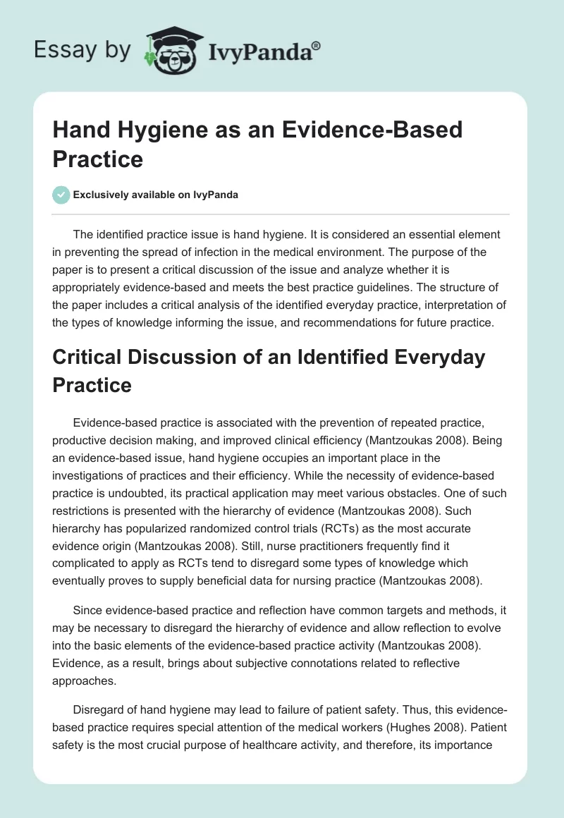 Hand Hygiene as an Evidence-Based Practice. Page 1