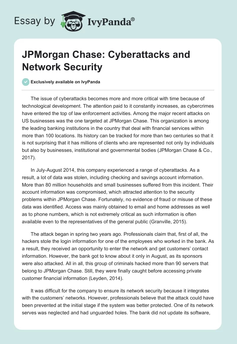 JPMorgan Chase: Cyberattacks and Network Security. Page 1