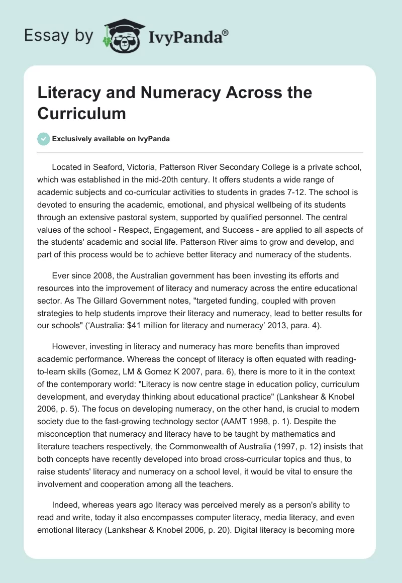 Literacy and Numeracy Across the Curriculum. Page 1