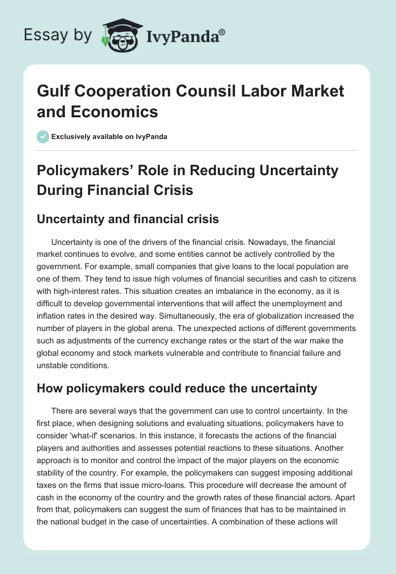 Gulf Cooperation Counsil Labor Market and Economics. Page 1
