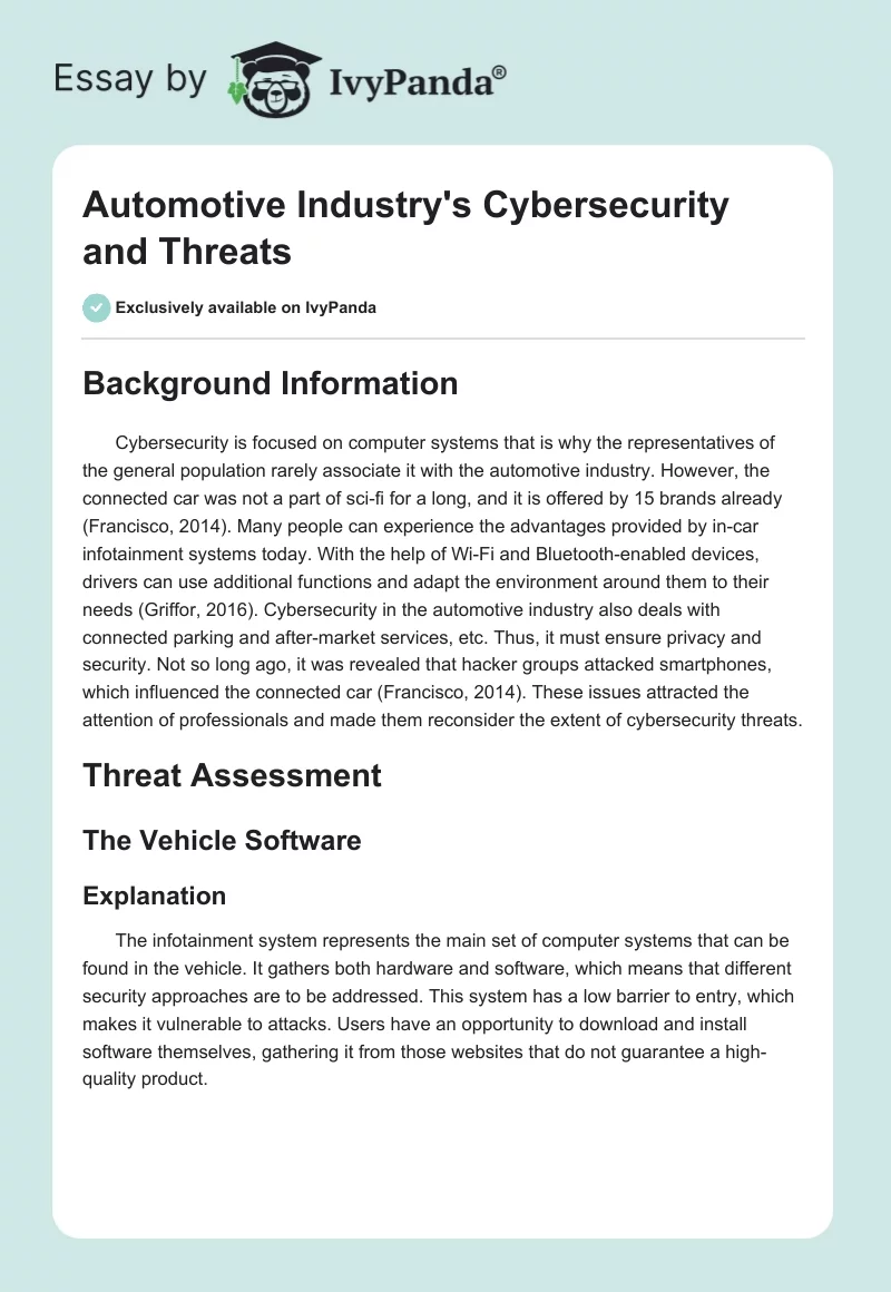 Automotive Industry's Cybersecurity and Threats. Page 1