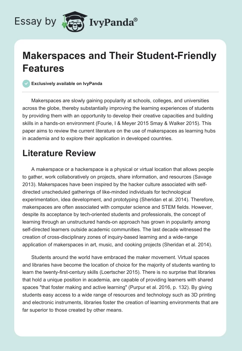Makerspaces and Their Student-Friendly Features. Page 1