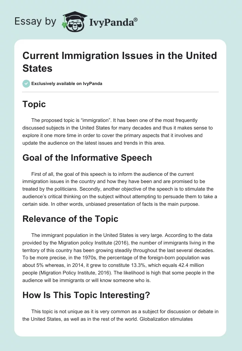 Current Immigration Issues in the United States. Page 1