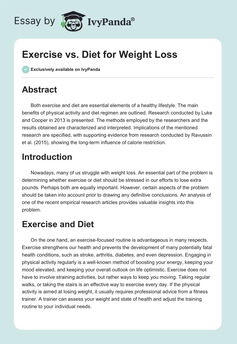 Exercise vs. Diet for Weight Loss. Page 1