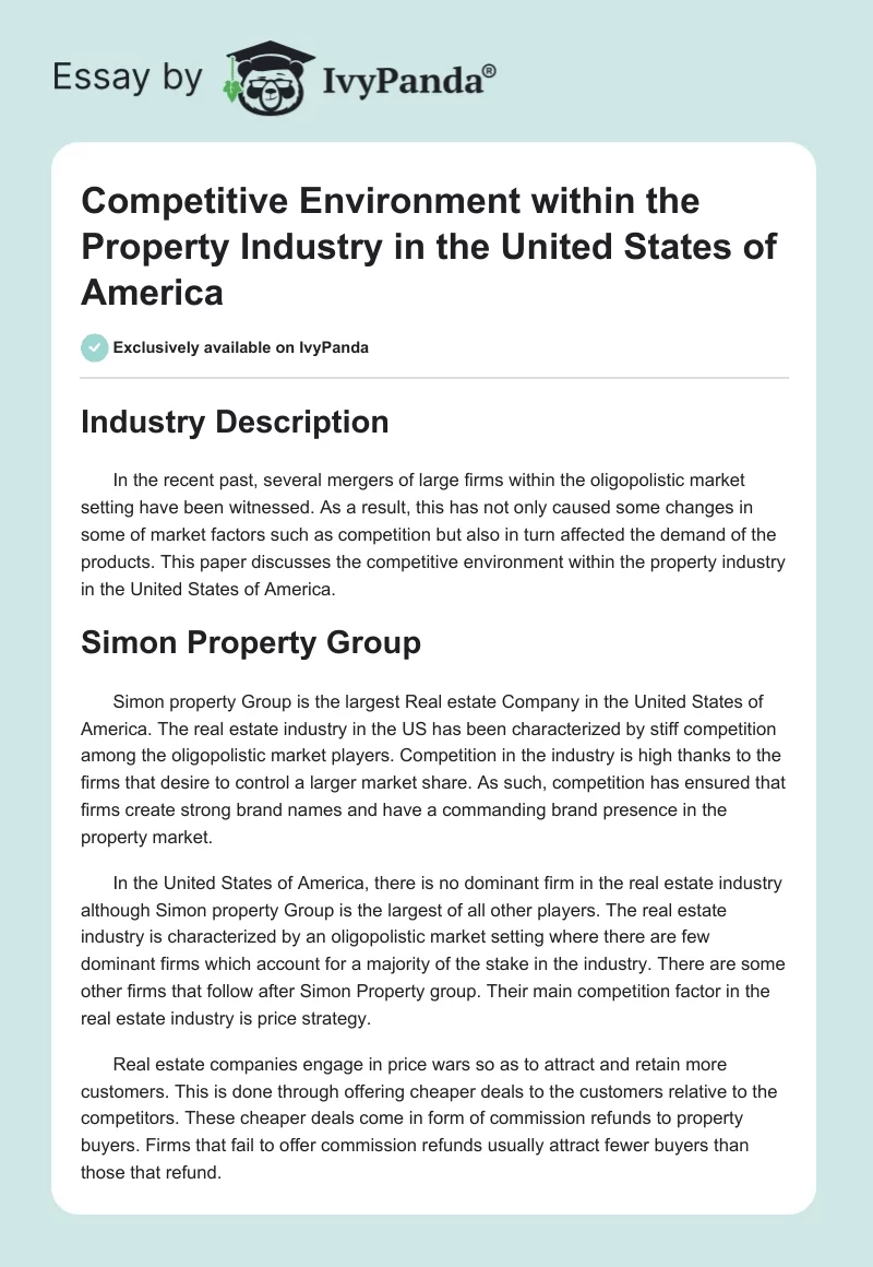 Competitive Environment within the Property Industry in the United States of America. Page 1