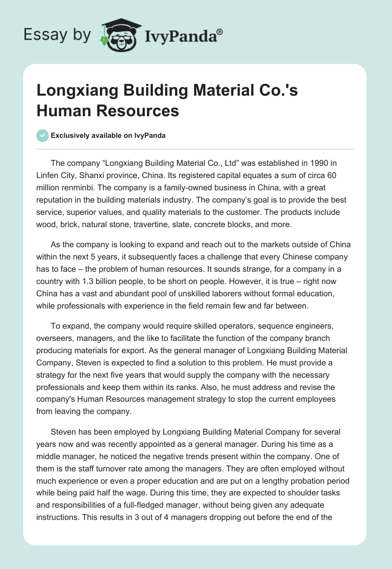 Longxiang Building Material Co.'s Human Resources. Page 1