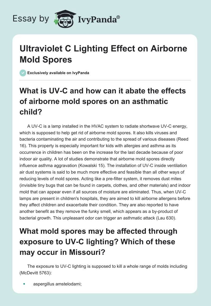Ultraviolet C Lighting Effect on Airborne Mold Spores. Page 1