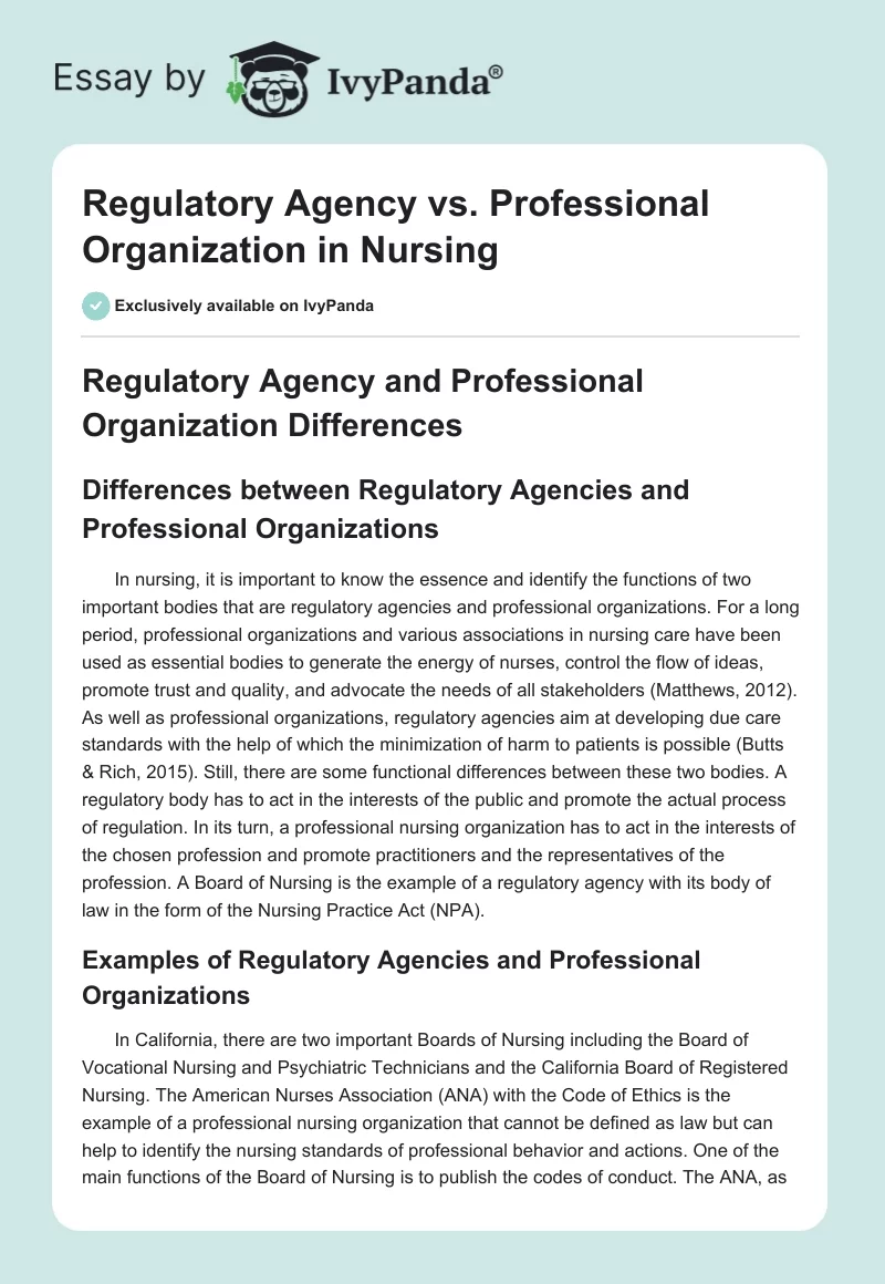 Regulatory Agency vs. Professional Organization in Nursing. Page 1