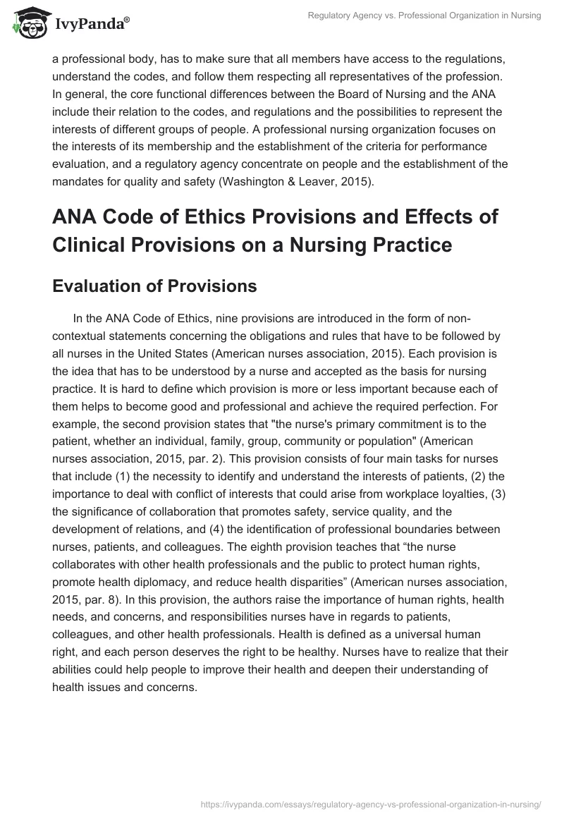 Regulatory Agency vs. Professional Organization in Nursing. Page 2