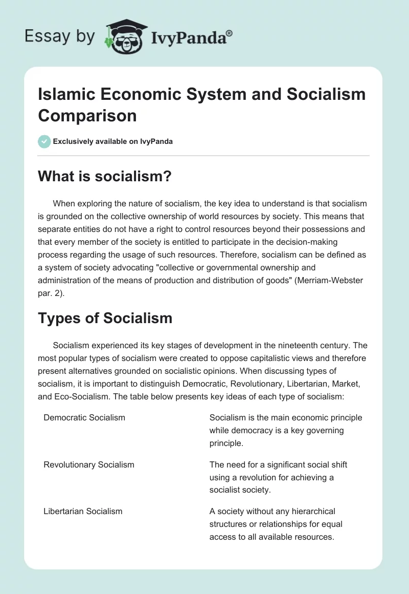 Islamic Economic System and Socialism Comparison. Page 1