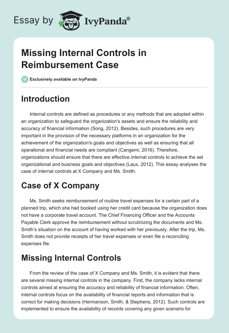 Missing Internal Controls in Reimbursement Case. Page 1
