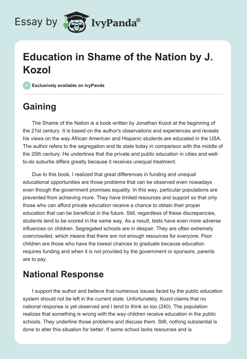 Education in "Shame of the Nation" by J. Kozol. Page 1