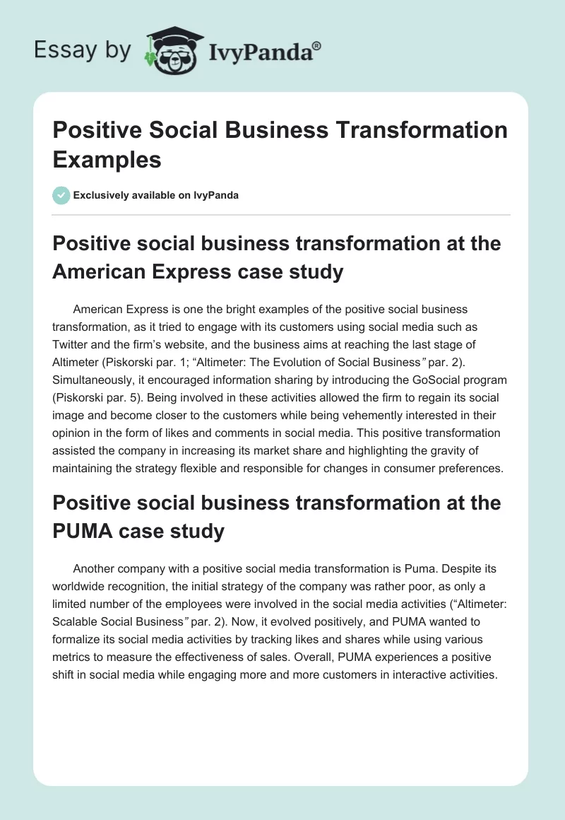 Positive Social Business Transformation Examples. Page 1