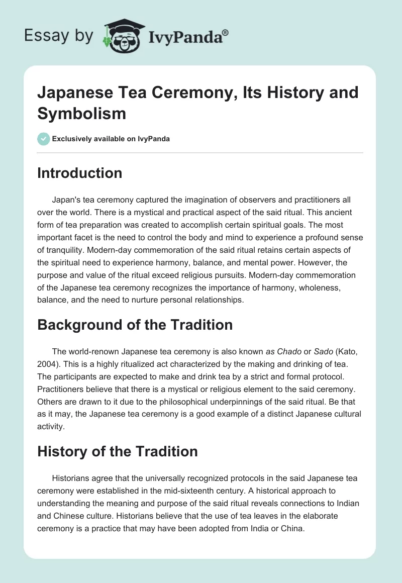 Japanese Tea Ceremony, Its History and Symbolism. Page 1