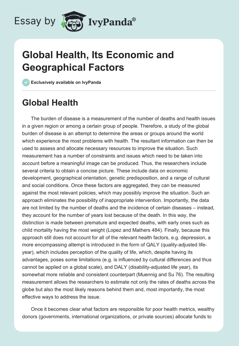 Global Health, Its Economic and Geographical Factors. Page 1