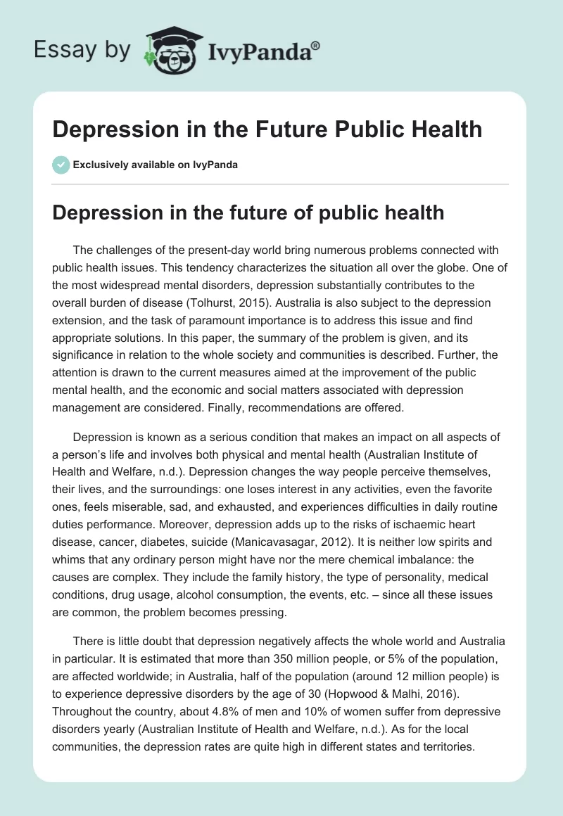 Depression in the Future Public Health. Page 1