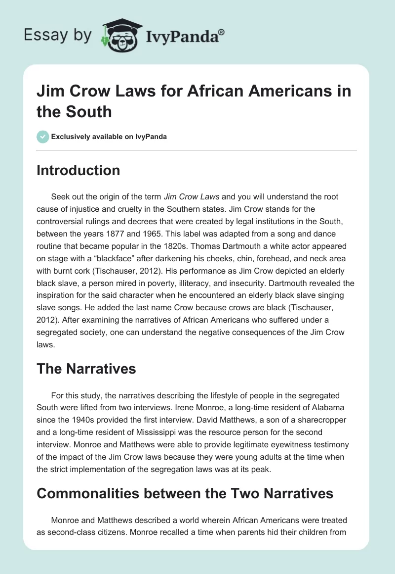 Jim Crow Laws for African Americans in the South. Page 1